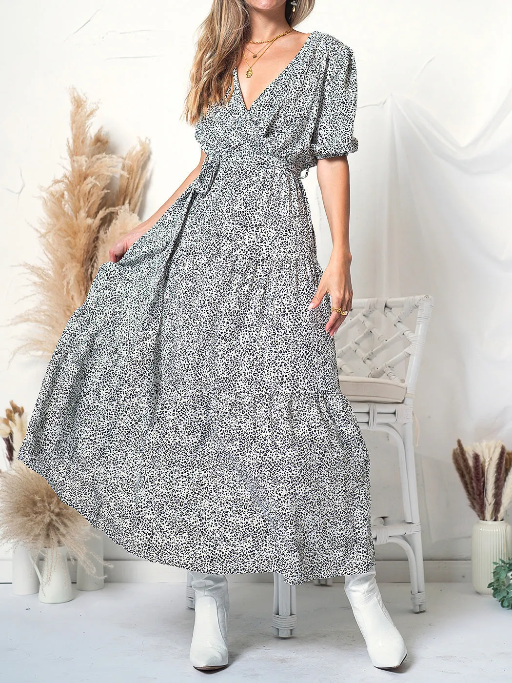 Printed Puff Sleeve Wrap Dress