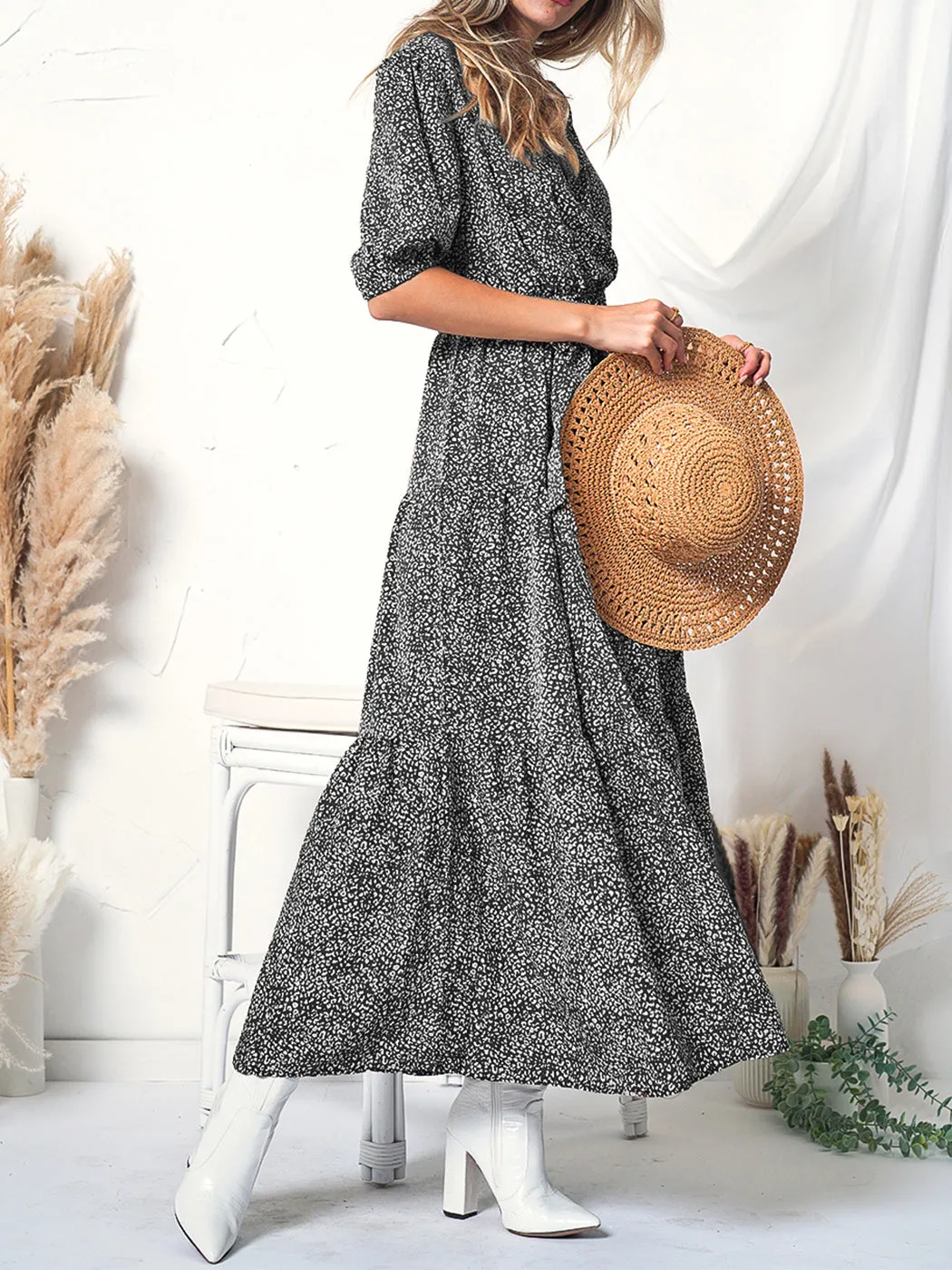 Printed Puff Sleeve Wrap Dress