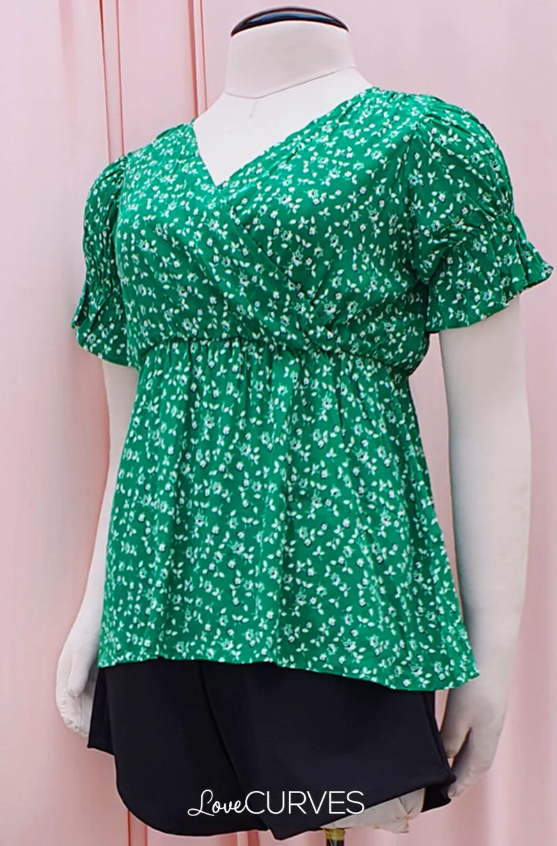 Puff Sleeves Wrap Top - Bright Green Field