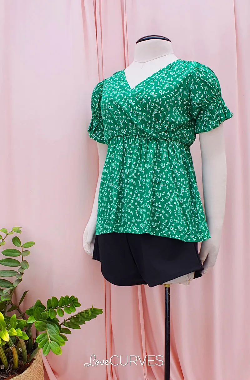 Puff Sleeves Wrap Top - Bright Green Field