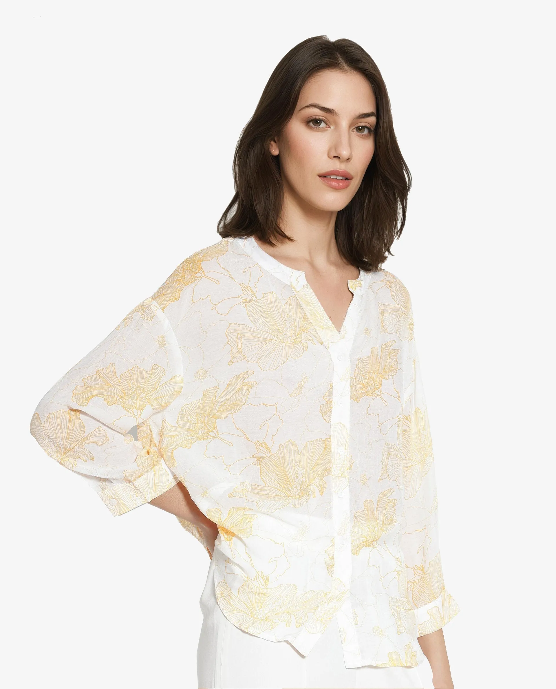 Rareism Women Mayton Light Yellow Button Closure Cuffed Sleeve Mandarin Collar Relaxed Fit Floral Print Shirt