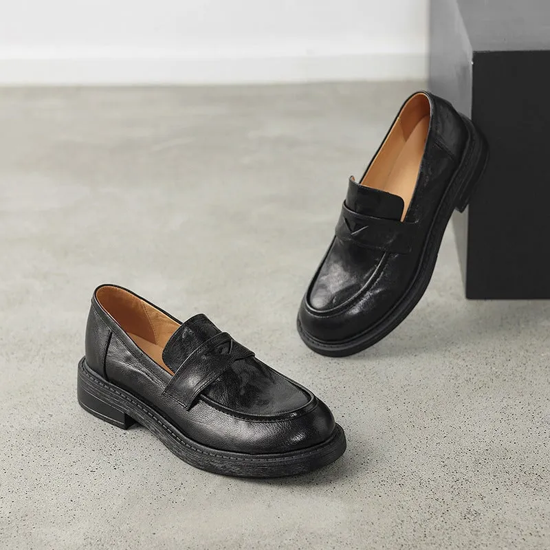 Retro Round Toe Sheepskin Penny Loafers in Black/Coffee