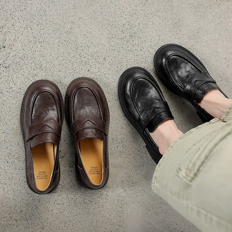 Retro Round Toe Sheepskin Penny Loafers in Black/Coffee