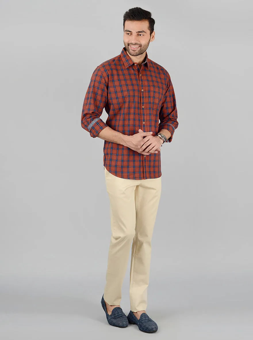 Rust Checked Slim Fit Casual Shirt | Greenfibre