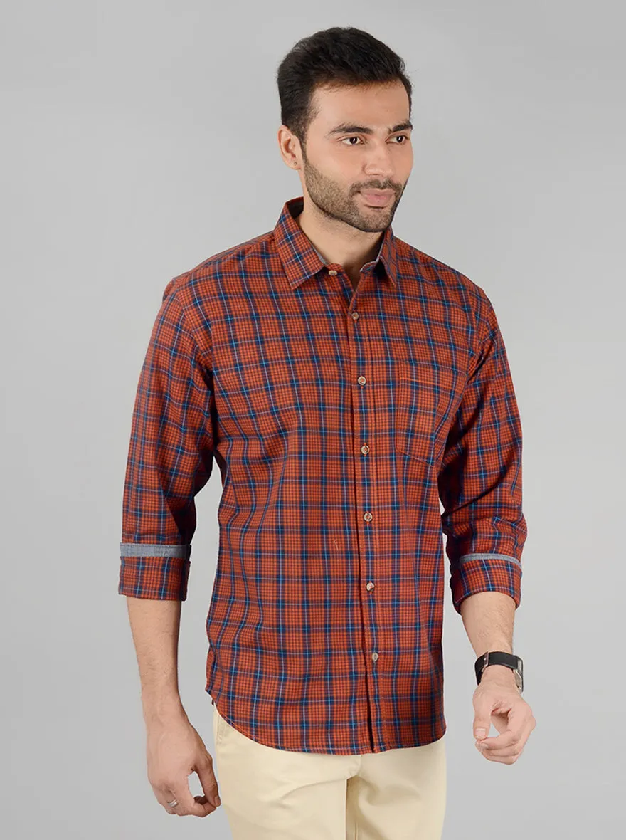 Rust Checked Slim Fit Casual Shirt | Greenfibre