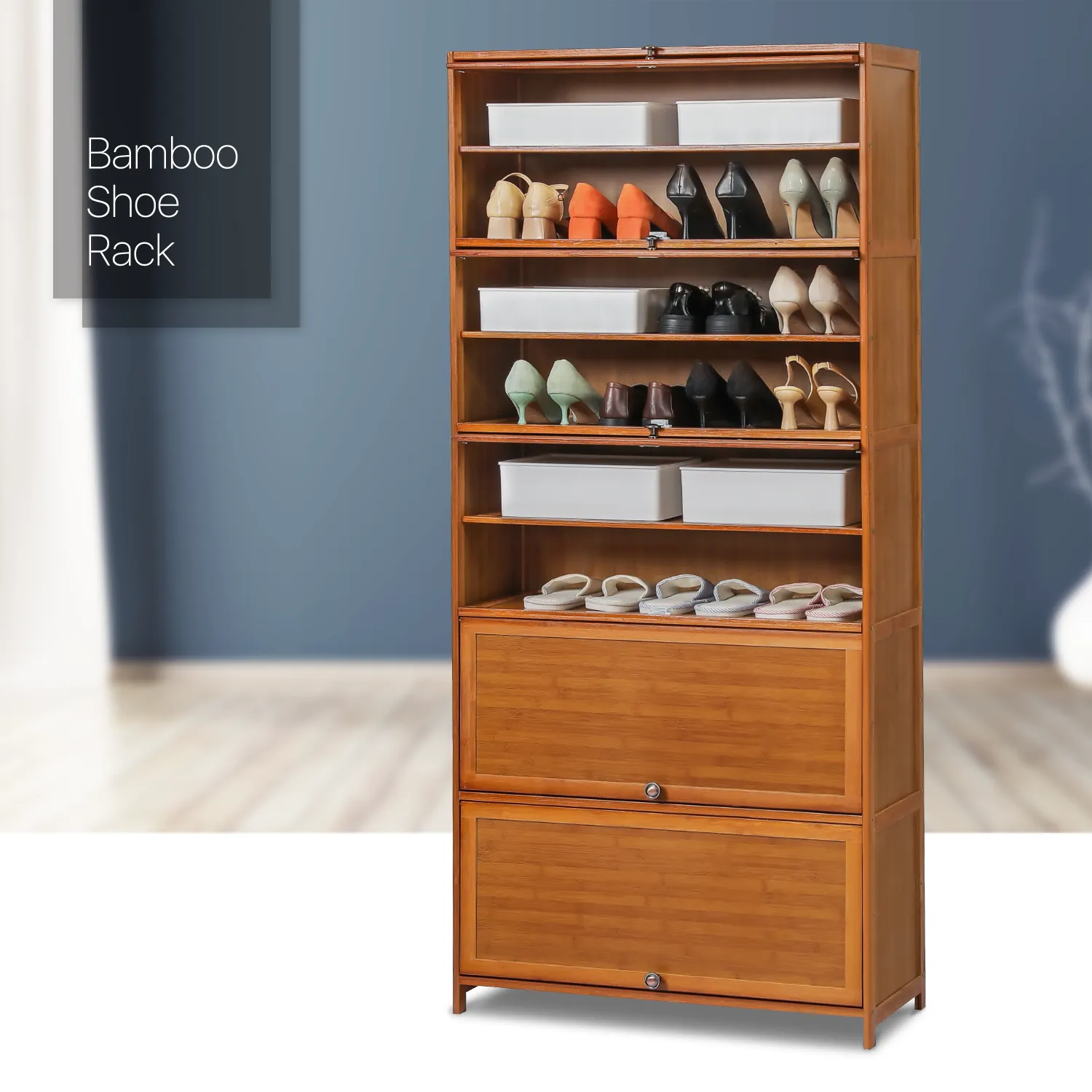 Slide Up Door Entryway Shoe Cabinet - 11 Tier - Brown