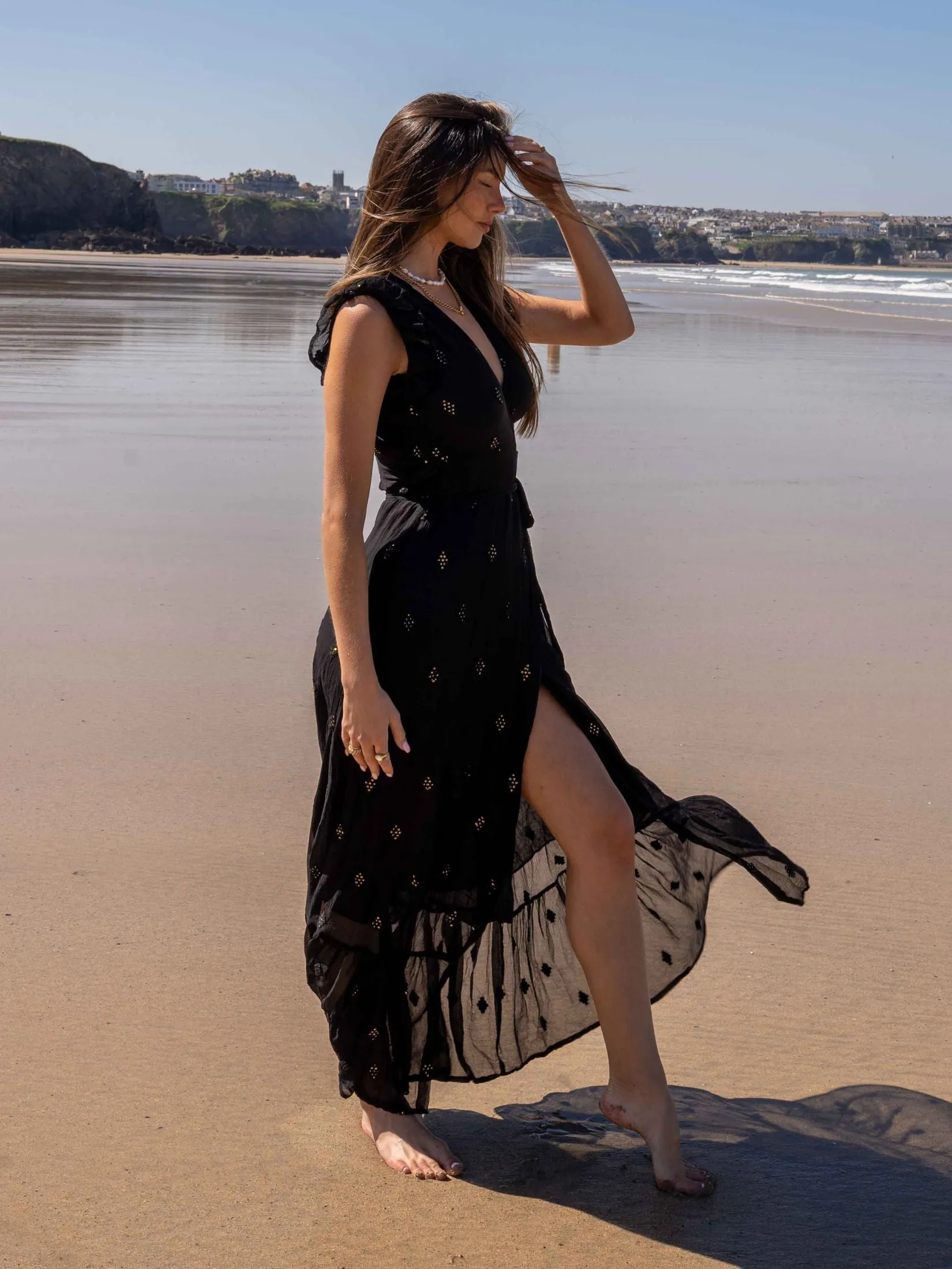 South Beach Lagos Sequin Wrap Midi Beach Dress / Black