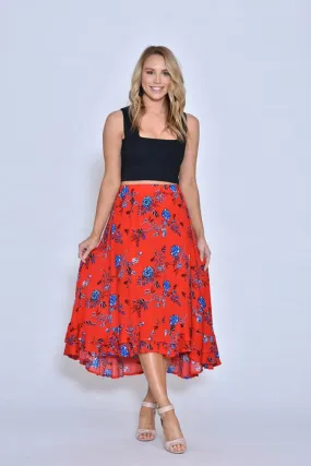 Tequila Sunrise Flare Hem Skirt Floral Red Blue