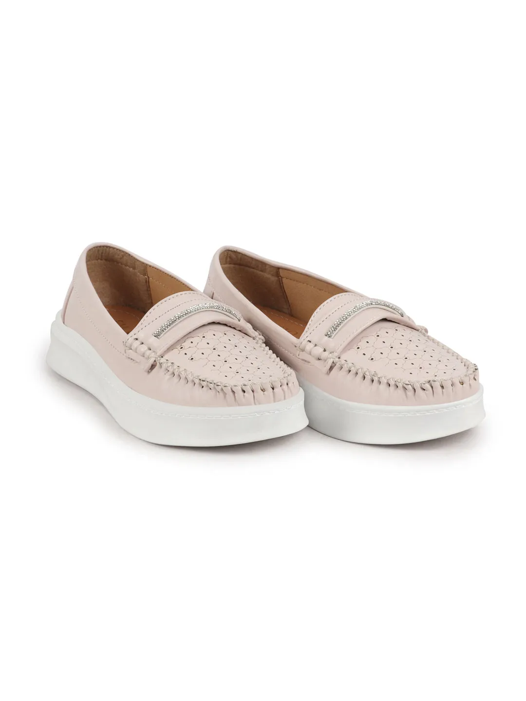 Women Cream Perforated Laser Cut Stitched Height Enhancer Slip On Loafer|Work|Classic|Slip On Shoes|Office Wear