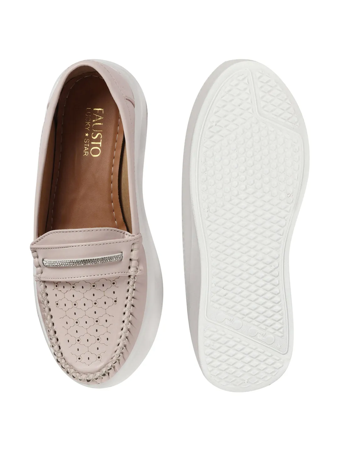 Women Cream Perforated Laser Cut Stitched Height Enhancer Slip On Loafer|Work|Classic|Slip On Shoes|Office Wear