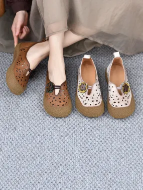 Women Summer Leather Cutout Flower Flat Shoes SC1060