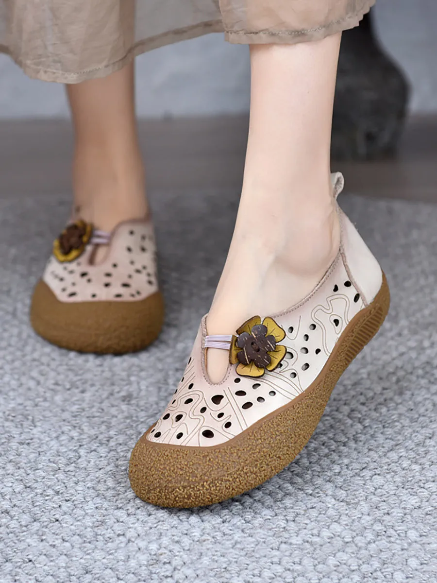 Women Summer Leather Cutout Flower Flat Shoes SC1060