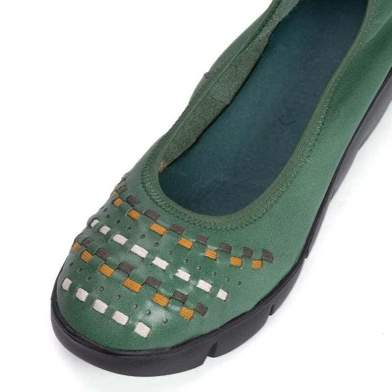 Women's Handmade Retro Leather Loafers Designers Shoes Chunky Flats in Gray/Green