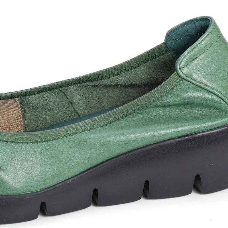 Women's Handmade Retro Leather Loafers Designers Shoes Chunky Flats in Gray/Green