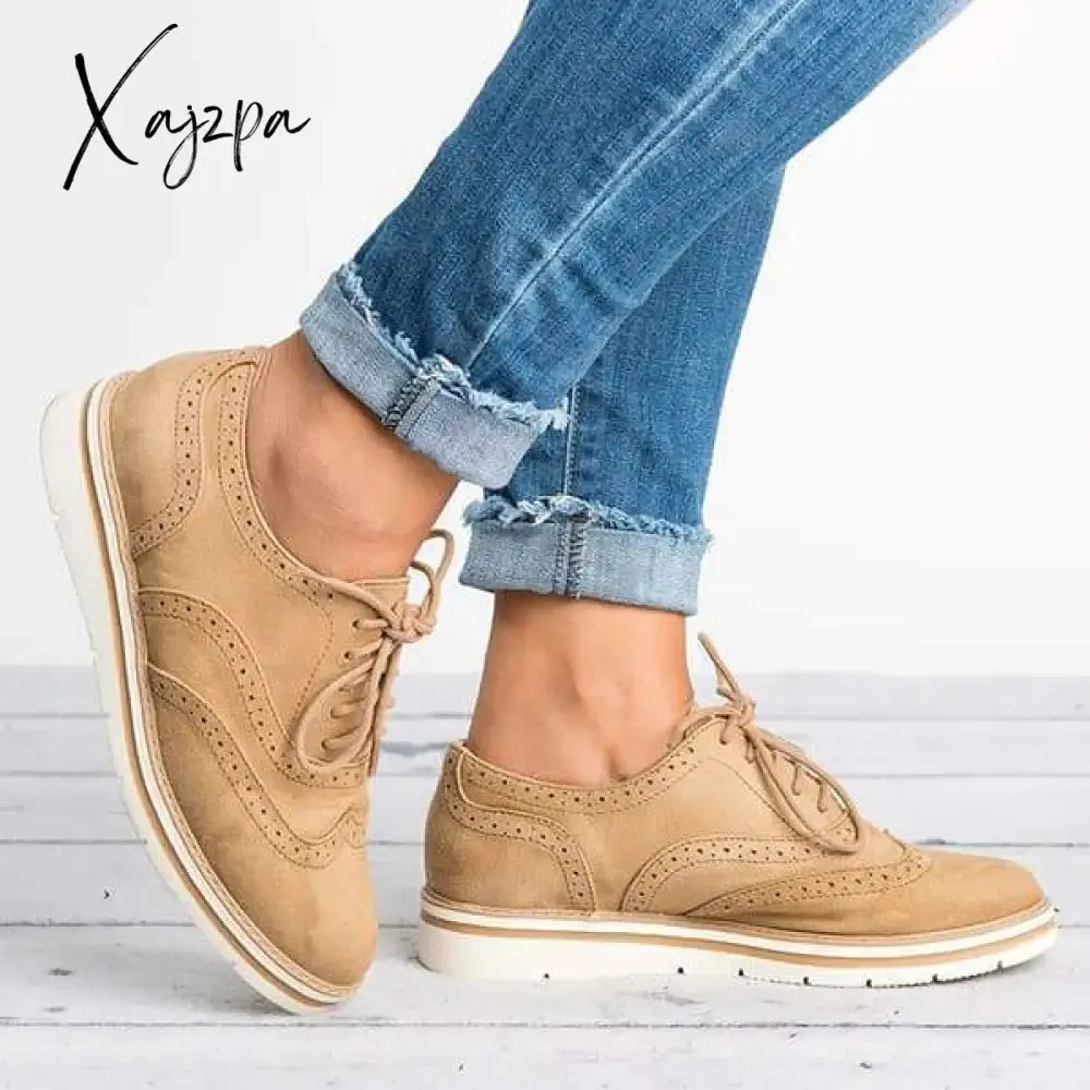 Xajzpa - Women Classic Khaki Loafers Lace Up Perforated Oxfords Shoes