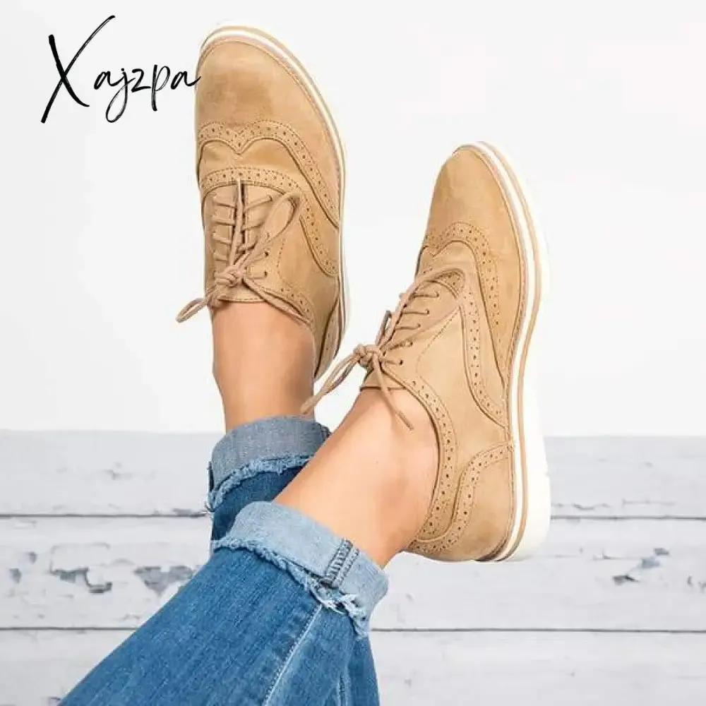 Xajzpa - Women Classic Khaki Loafers Lace Up Perforated Oxfords Shoes