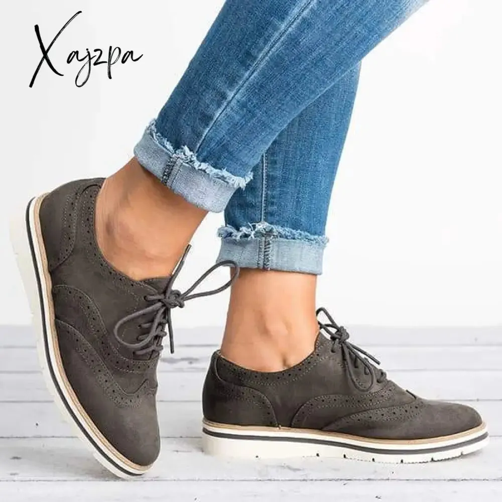 Xajzpa - Women Classic Khaki Loafers Lace Up Perforated Oxfords Shoes