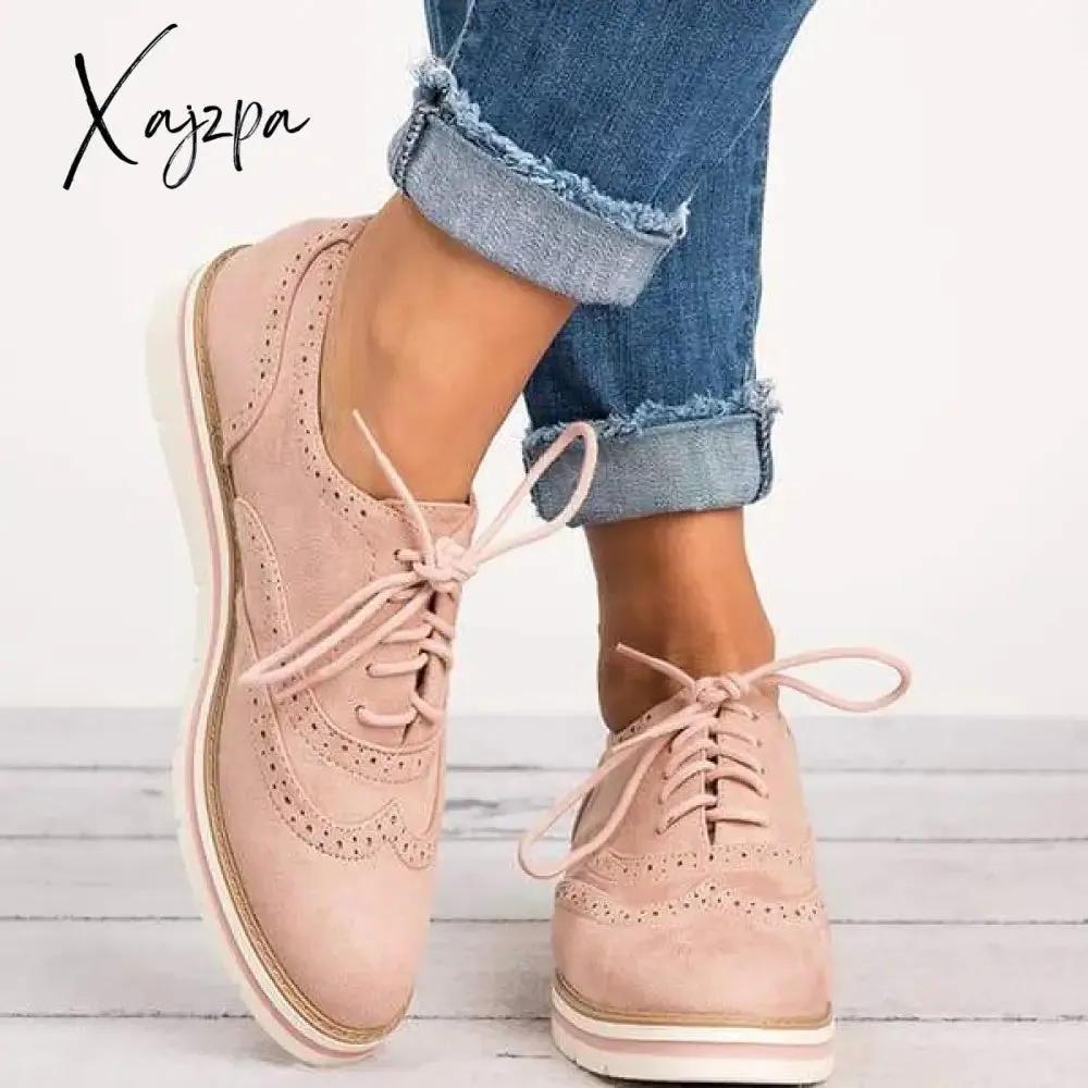 Xajzpa - Women Classic Khaki Loafers Lace Up Perforated Oxfords Shoes